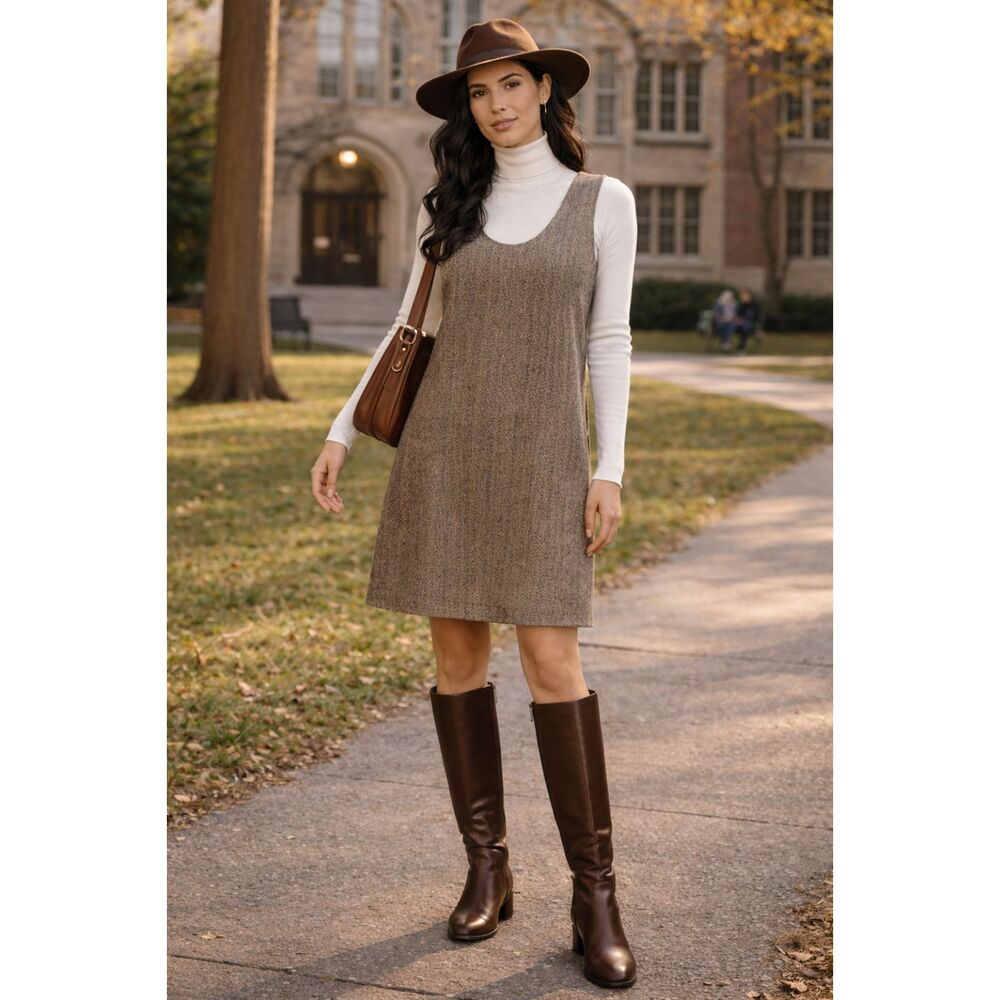 VTG - HARVE' BENARD 100% Wool Brown Herringbone Jumper Dress, Sz 6